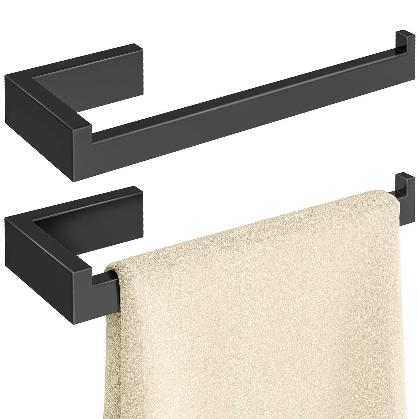 Gypie Hand Towel Holder for Bathroom Wall 2 Pack -Modern Towel Ring Square Hidden Mount with Dual Screws, Anti-Slip End, Stainless Steel, Matte Black