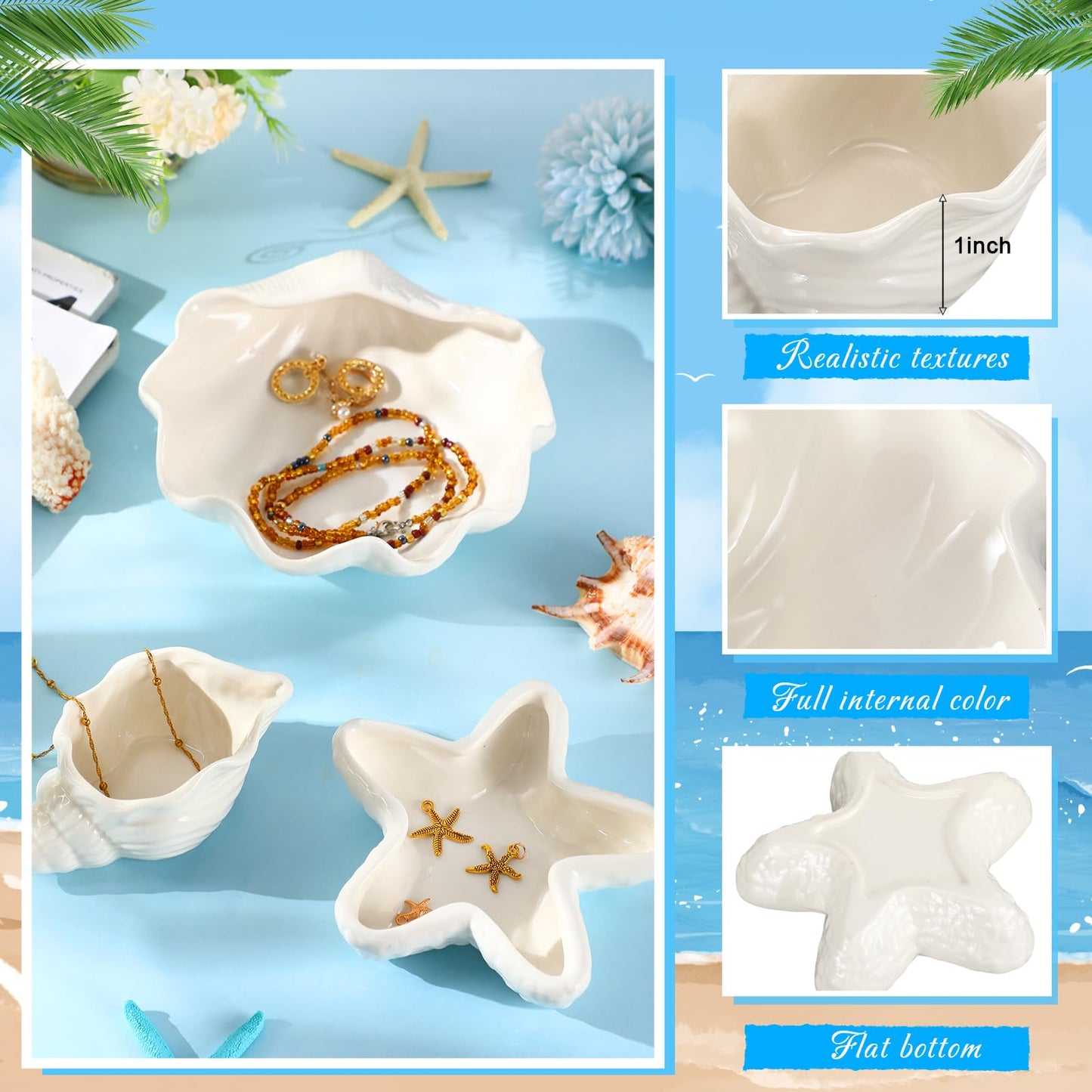 Teenyyou 3 Pcs Ceramic Conch Shell Jewelry Dish Tray Ear Ring Holder Jewelry Plate Key Bowl for Room Vanity Decor Accessory(White)