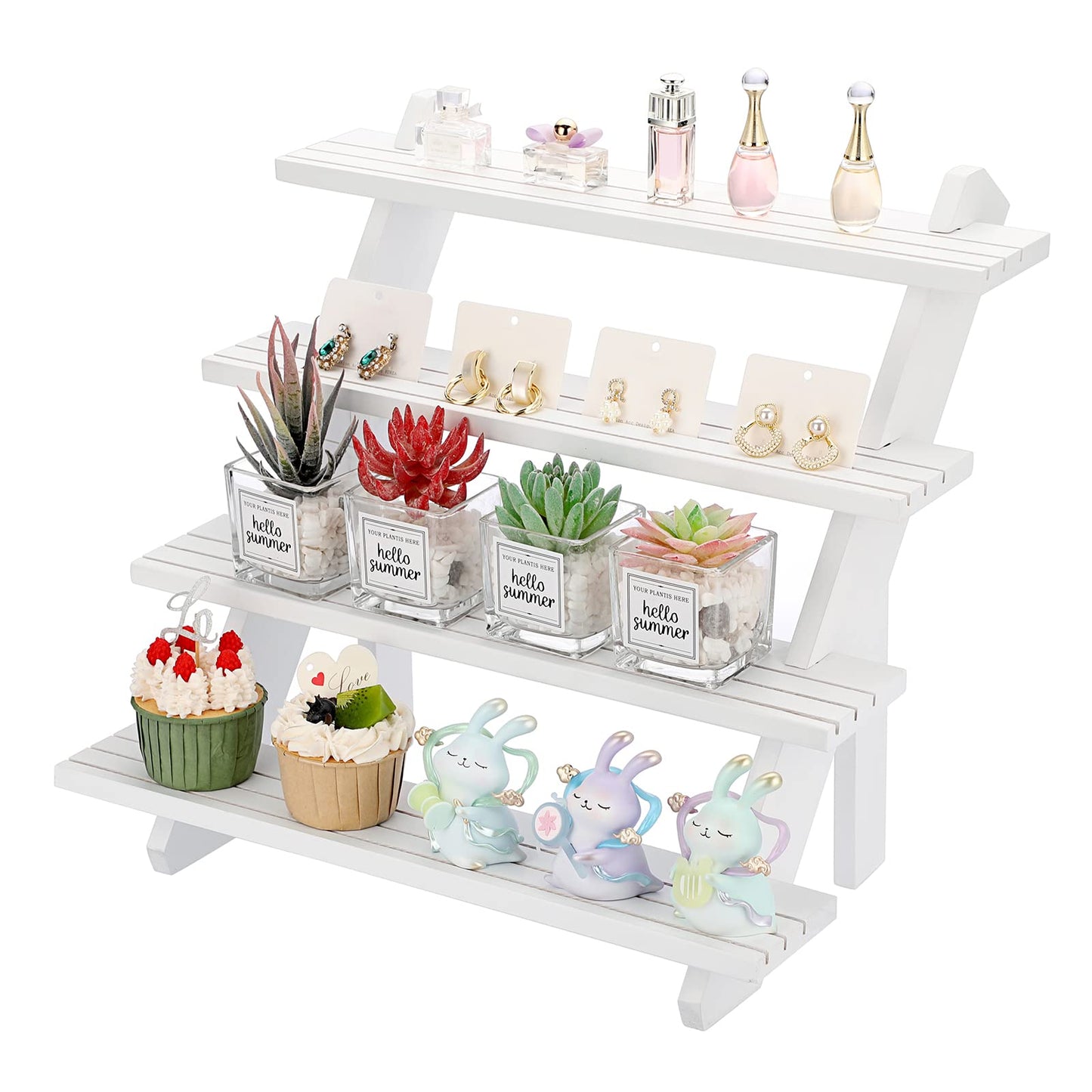 ELLDOO 4-Tier Wooden Display Riser, Retail Jewelry Card Display Stand, Rustic White Wooden Cupcake Stand Shelves, Organizer Showcase Cascading Merchandise Organizer Rack Vendor Display Supplies
