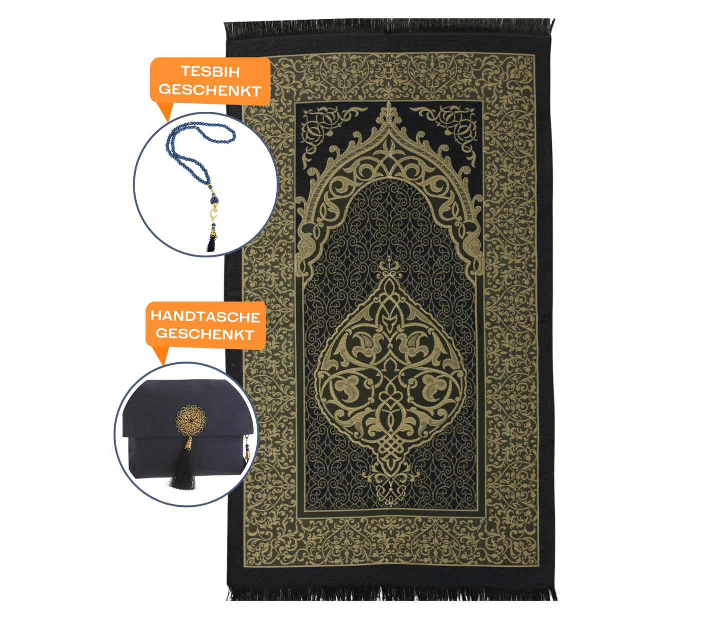 Prien Muslim Prayer Rug with Tasbih and Portable Bag, Muslim Gift for Women Men, Mubarak Islamic Box, Soft Mat Islam Gifts Set, Turkish Sajadah for Ramadan, Eid, Hajj, Travel, Pray (Navy Blue)