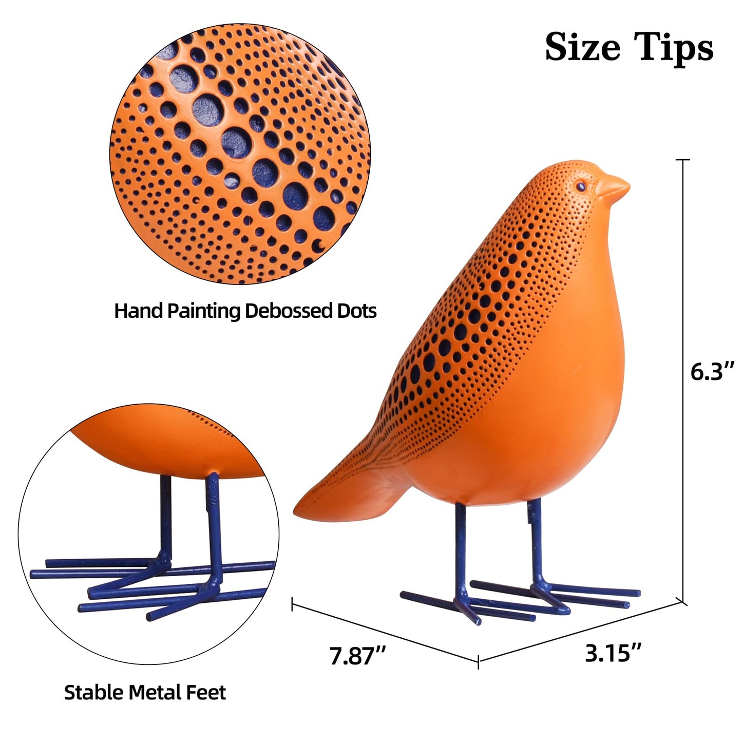 Quoowiit Bird Figurine, Modern Sculpture and Statues for Home Decor, Animal Statues for Bookshelf, Table, Entryway, Fireplace, Resin Decorative Sculpture with Chic Polka Dots Art Design (Orange)