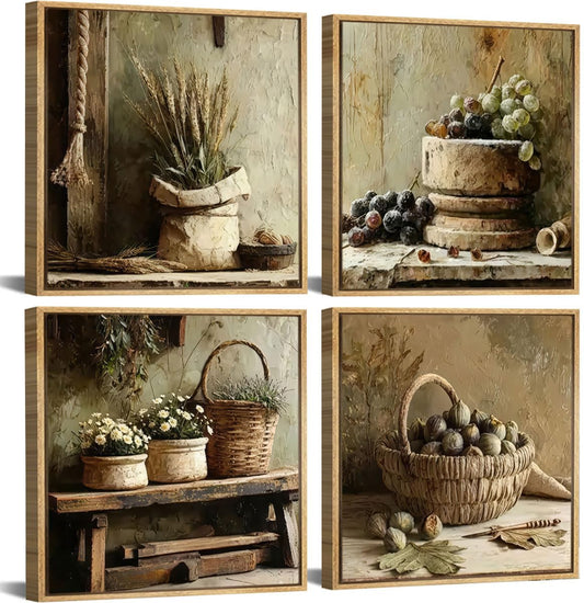 Dabiutc 4pcs Vintage Country Still Life Wall Art Farmhouse Floral Posters Artwork Rustic Cottagecore Painting Pictures Wall Decor for Kitchen Farmhouse Dining Room Home Decoration 16x16in Unframed