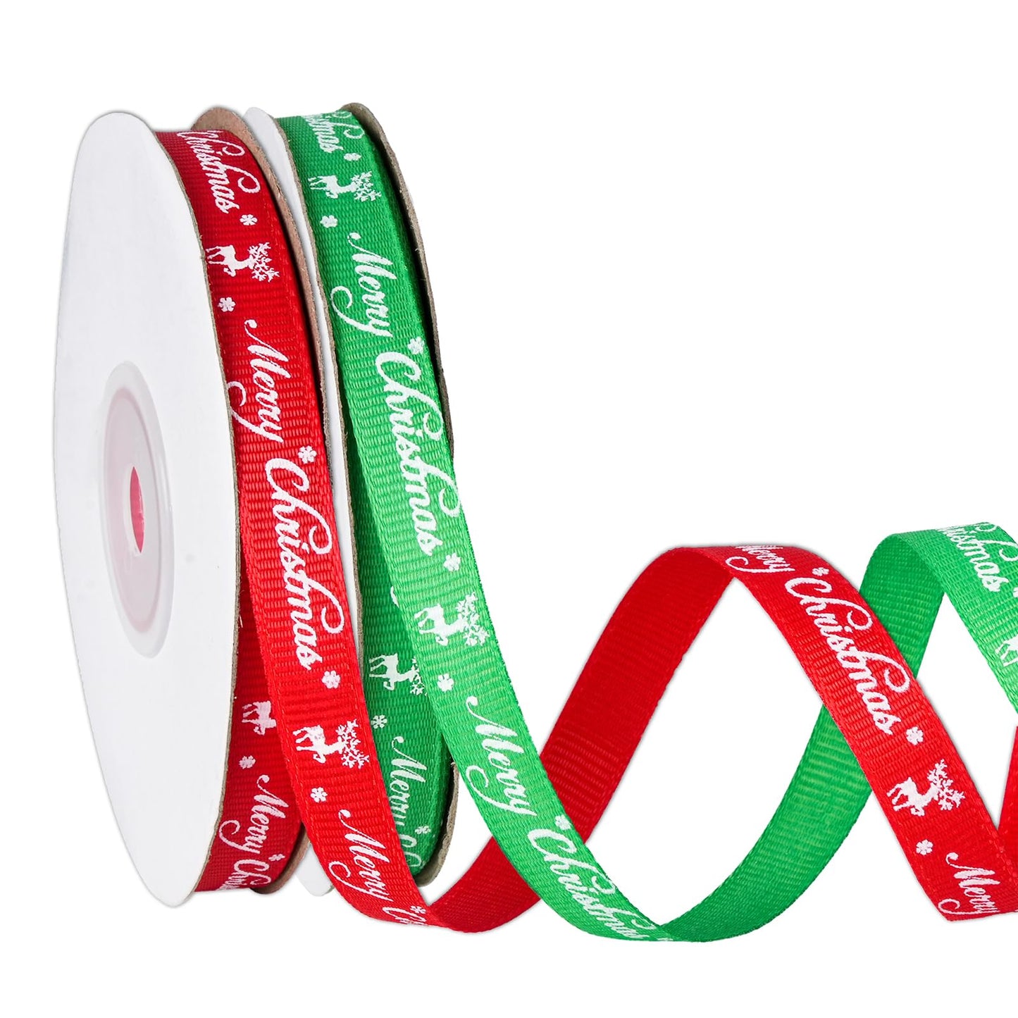 Merry Christmas Ribbon 3/8 Inch, 25 Yards/Roll x 2 Rolls Reindeer and Snowflakes Prints Grosgrain Ribbons for Gift Wrapping Bows Holiay Party Decorations.（red + Green）