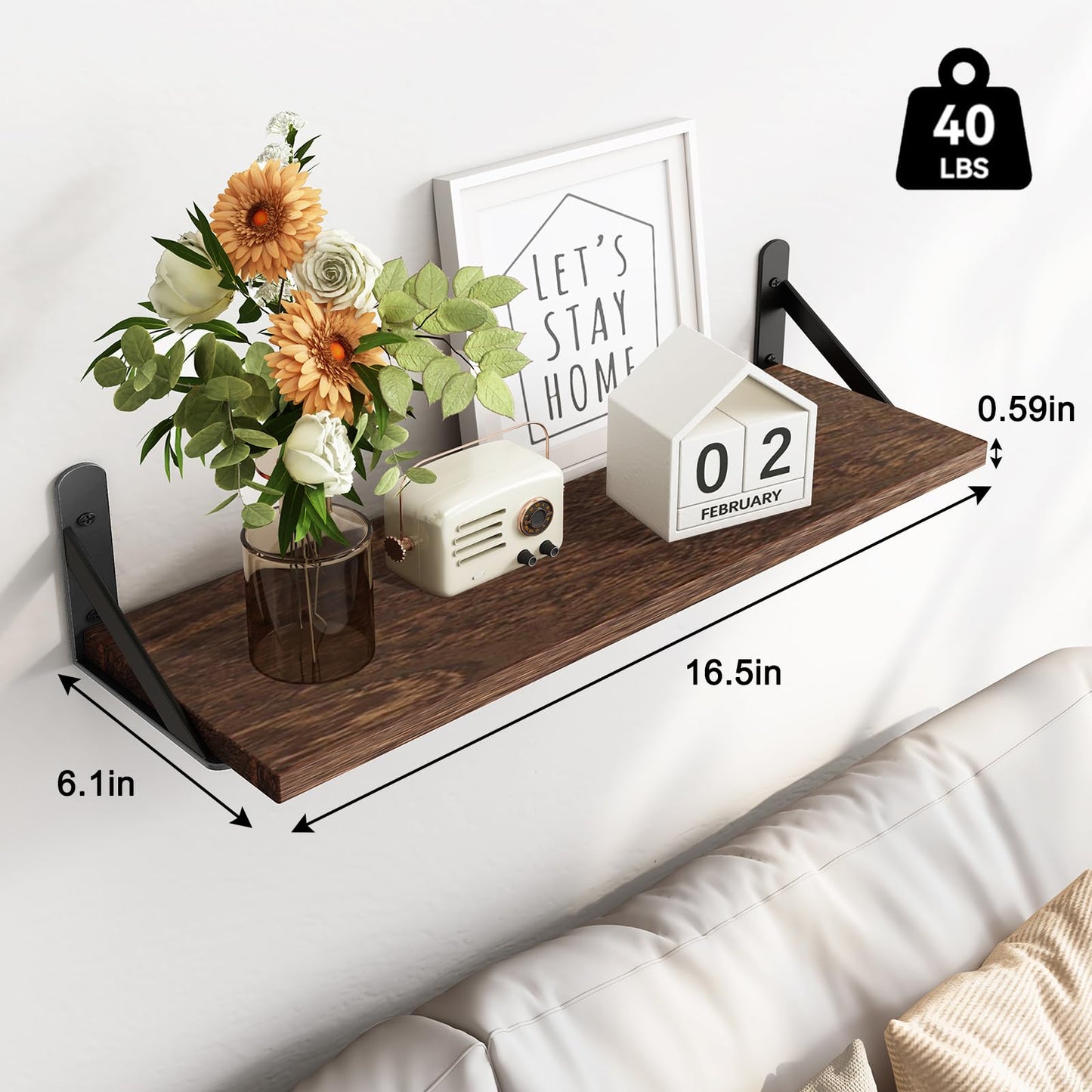Fixwal Floating Shelves for Wall, Wood Wall Mounted Shelves for Bedroom, Bathroom, Living Room, Kitchen Storage and Decor(Brown, Set of 4, 16.5 Inch)