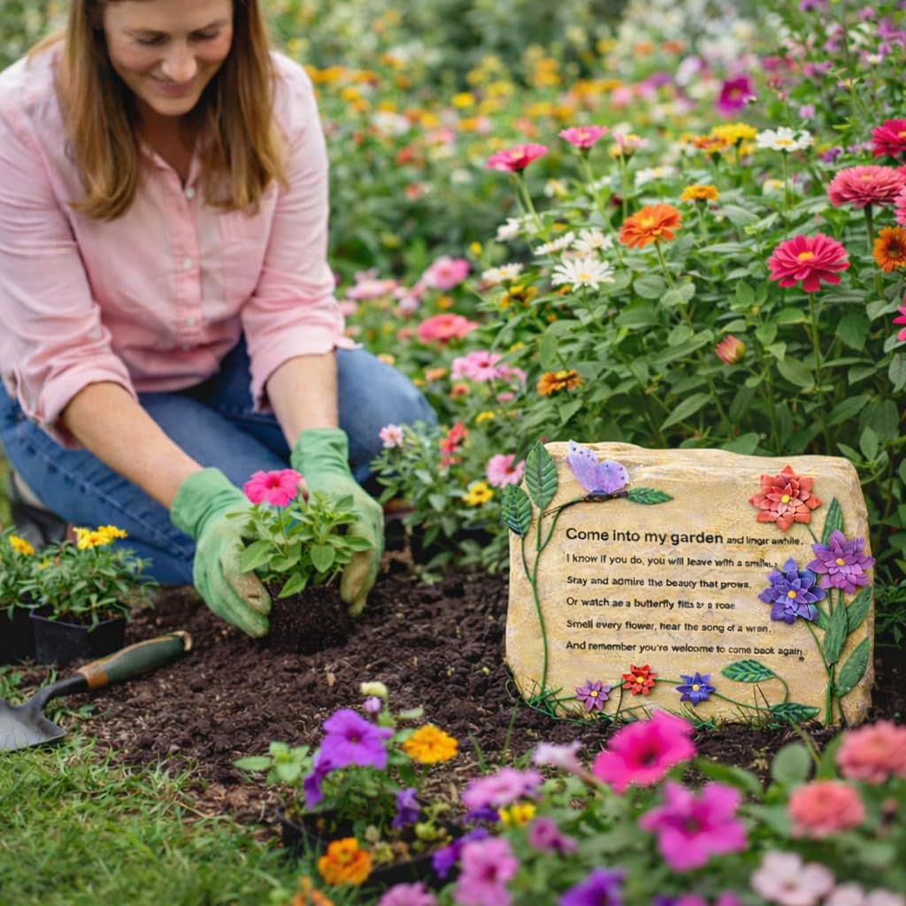 BANBERRY DESIGNS Garden Décor Decorative Rock – “Come Into My Garden” Engraved Stone with Butterfly & Floral Design – Outdoor Garden Decoration, Memorial Garden Accent, Yard Art – 9.5" x 8.5"