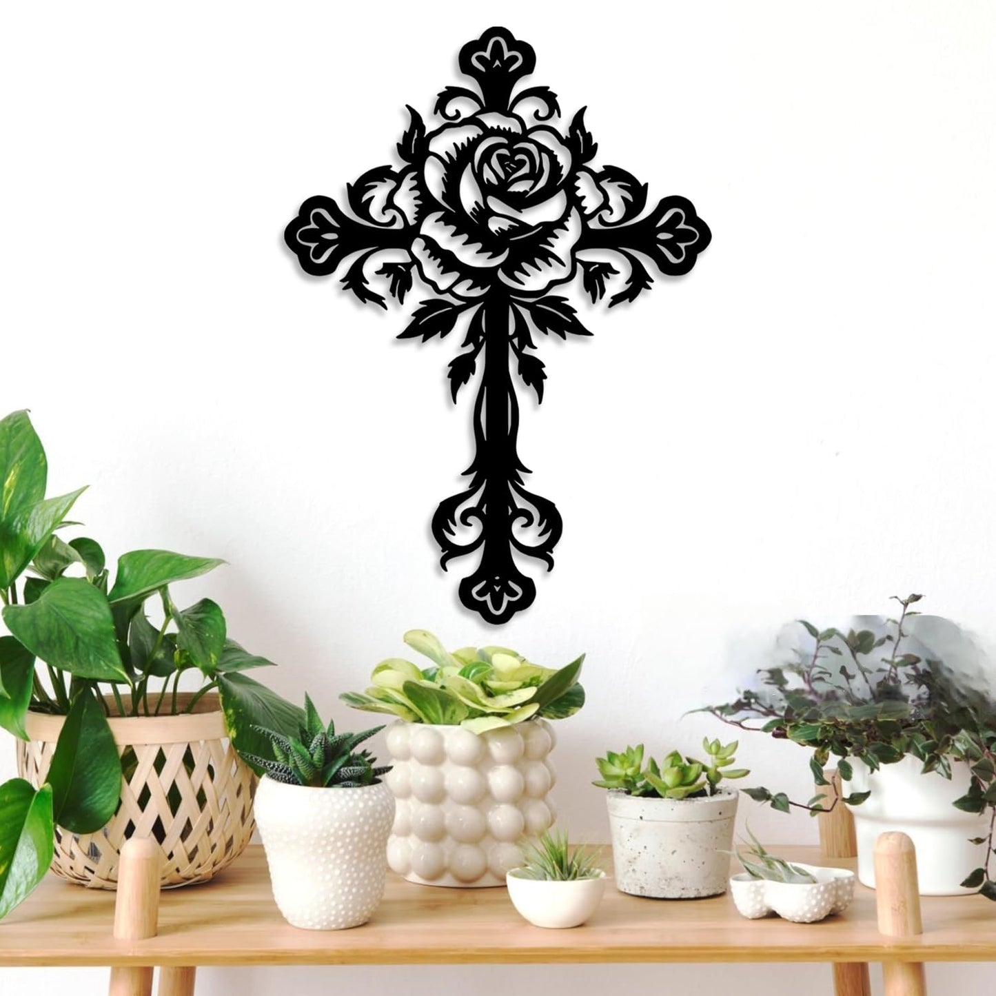 LIYOUYA Metal Rose Cross Wall Decor - Modern Room Decor Black Cross Wall Art Home Decor for Living Room, Bedroom, Dining Room, Porch (Black)