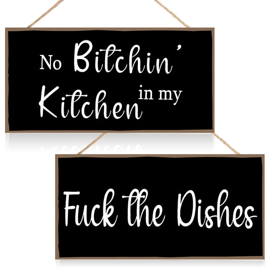 Jetec 2 Pieces Funny Kitchen Signs the Dishes Hanging Wall Art Decoration No Bitchin in My Kitchen Rustic Wooden Wall Signs Decorative Wood Home Decor, 10 x 5 Inch(Stylish)