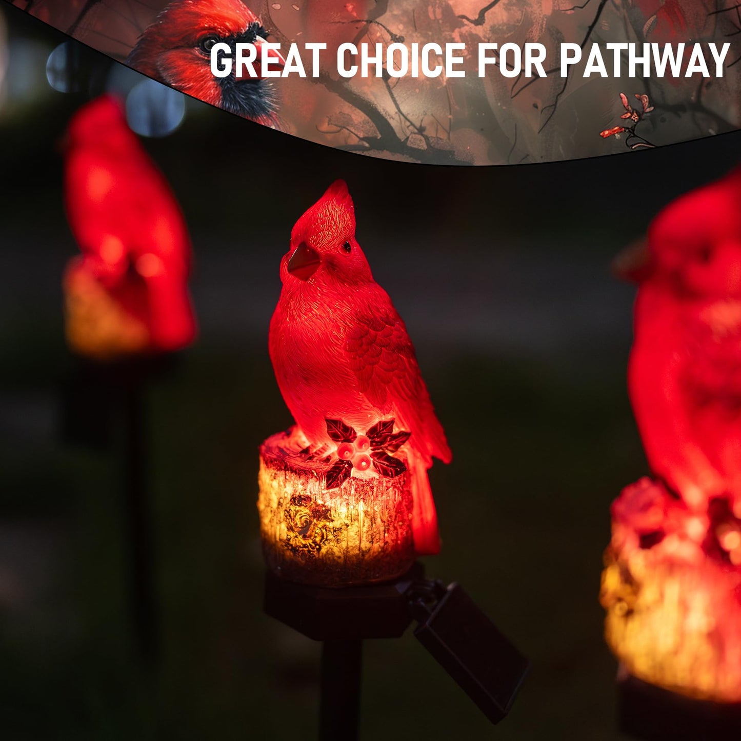Dazzle Bright 2 Pack 22.5 in Cardinal Bird Solar Lights, Red Bird Solar Powered Lights Cardinal Garden Stake Light for Christmas Pathway Garden Lawn Yard Gifts Decoration