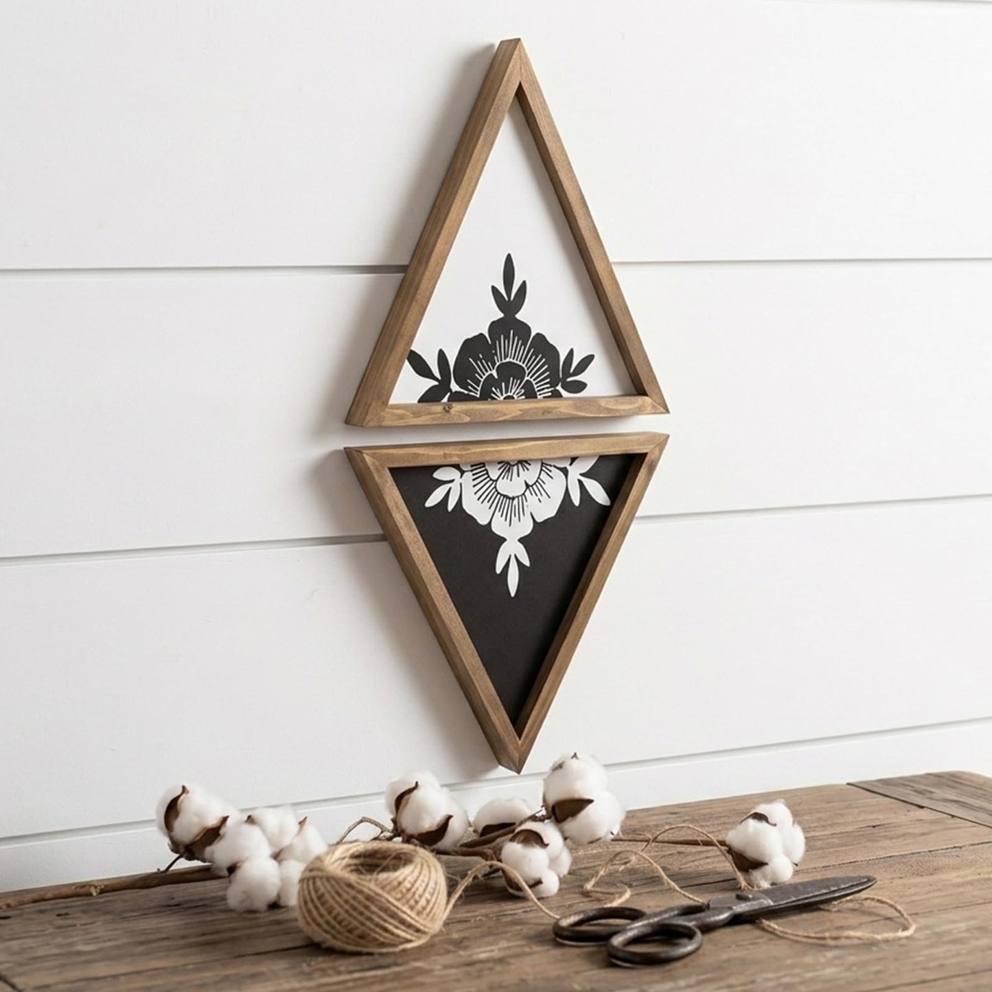 flangairy Floral Wall Decor Wooden Botanical Wall Art Framed Boho Wood Geometric Triangles Black White Bedroom Bathroom Room Home Decorations