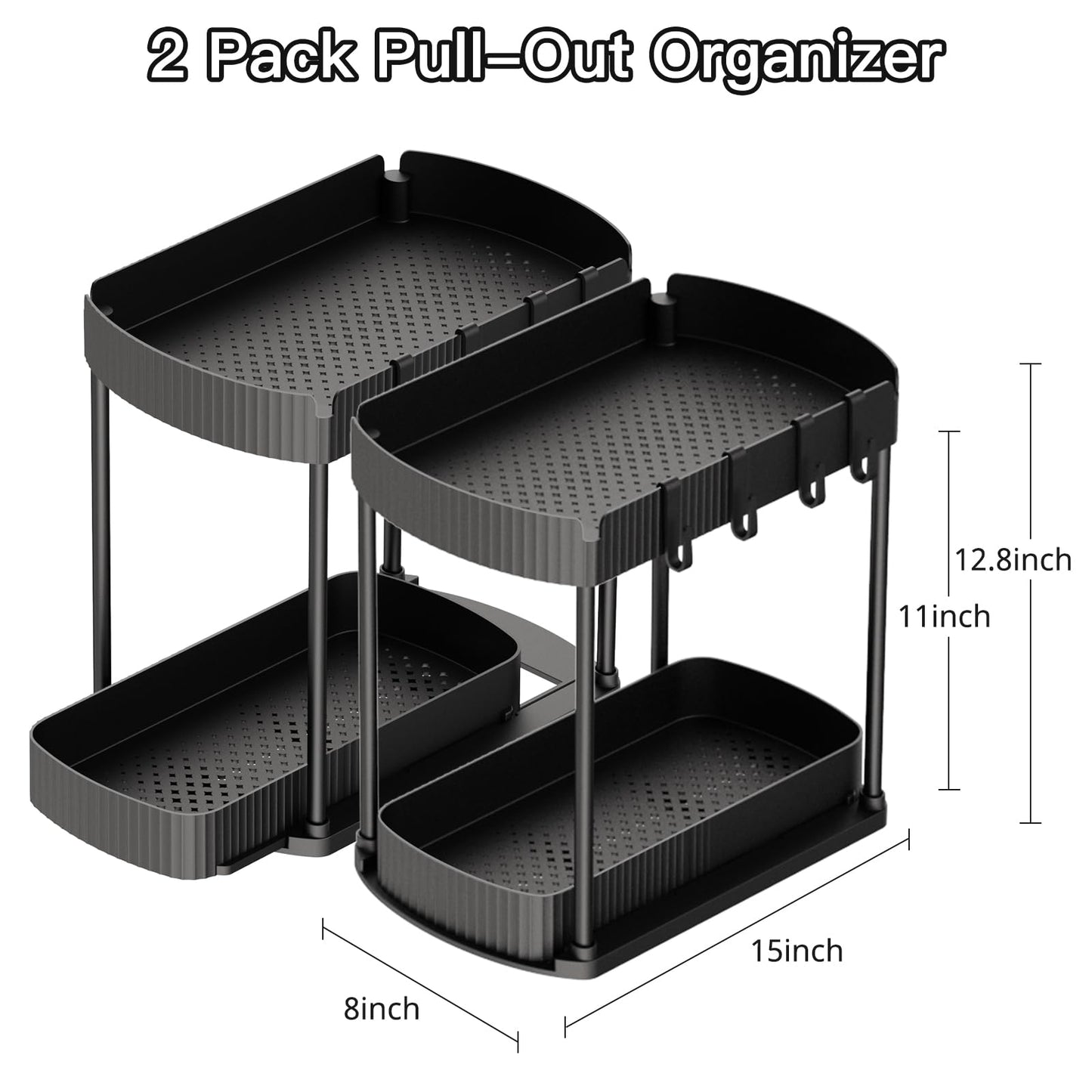 Ukeetap Multi-Purpose Pull-Out Storage Organizers, Under Sink/Cabinet Organizers and Storage for Bathroom & Kitchen, Black, 12.8 Inches, 2 Packs