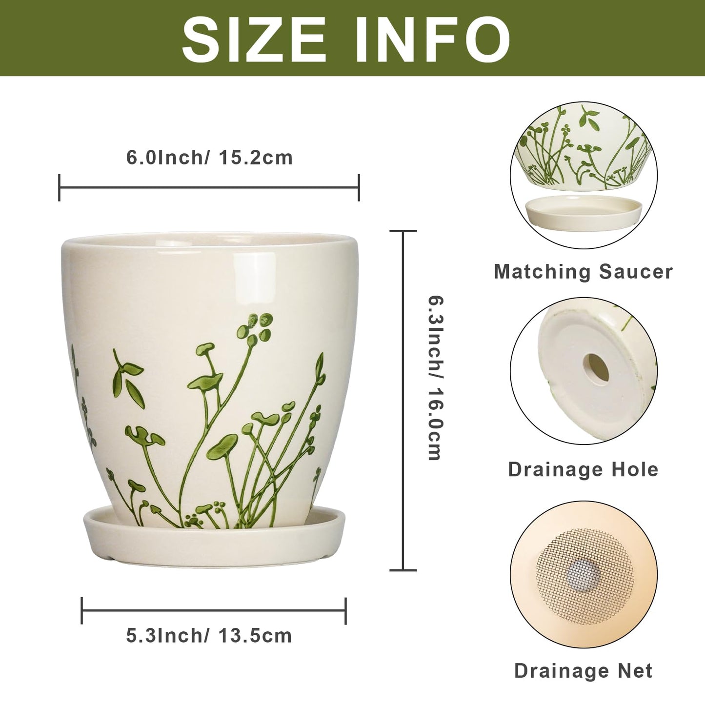 MPotTo 6 Inch Plant Pot - Ceramic Pots for Plants with Drainage Hole and Saucer, Ceramic Succulent Pots for Indoor Outdoor, Decorative Boho Planter, Housewarming Gifts, Garden Room Home Decor, White