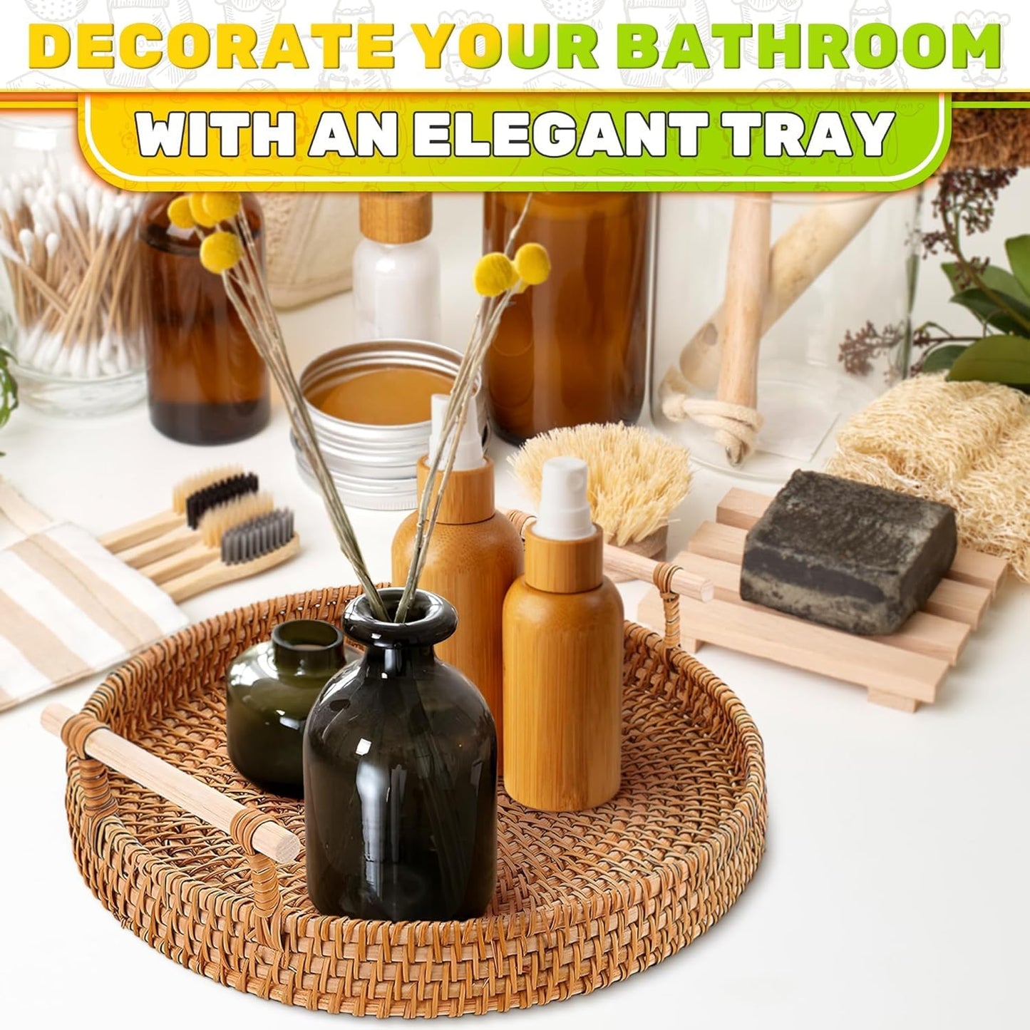 Rattan Tray 8.7-Inch Round – Woven Serving Basket with Handles – Holidays Romantic Decorative Tray for Coffee Table, Bread, Fruit, Vegetables, Restaurant & Home Use Charming Styling Coffee Table Decor