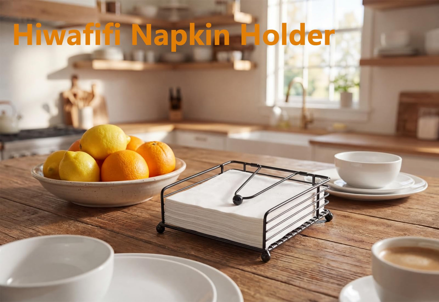 hiwafifi Napkin Holder for Table, Flat Napkin Dispenser with Weighted Arm, Square Cocktail Paper Holder of Elegant Rustic Iron for Kitchen Dining Room Decor Restaurant Farmhouse Hotel Party, Black