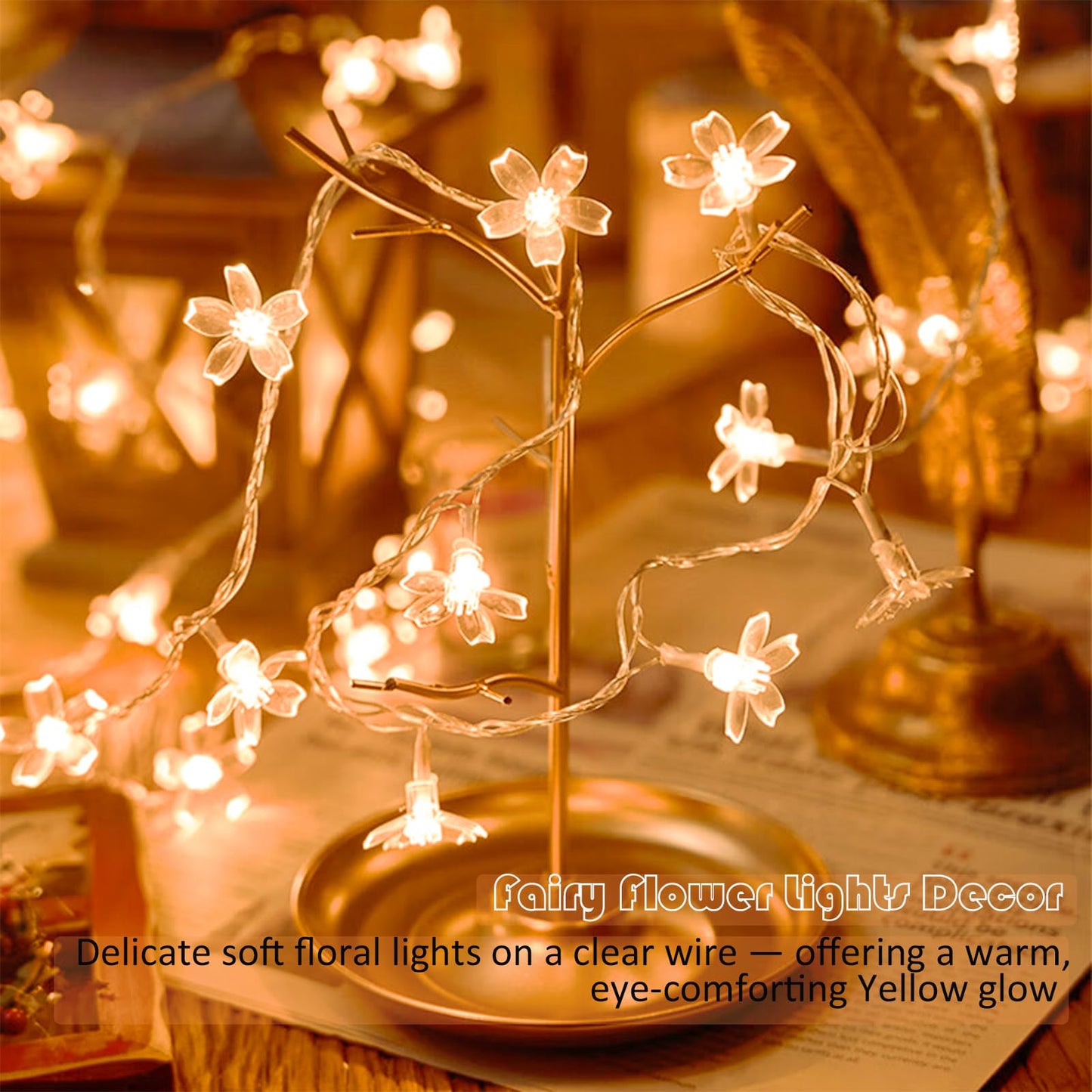 Decorative Flower String Lights for Bedroom, Battery Operated & USB Plug in 10 FT 30 LED Cute Fairy Cherry Blossom Floral Lamps Indoor Outdoor Christmas Holiday Hanging Vine Decorations (Warm White)