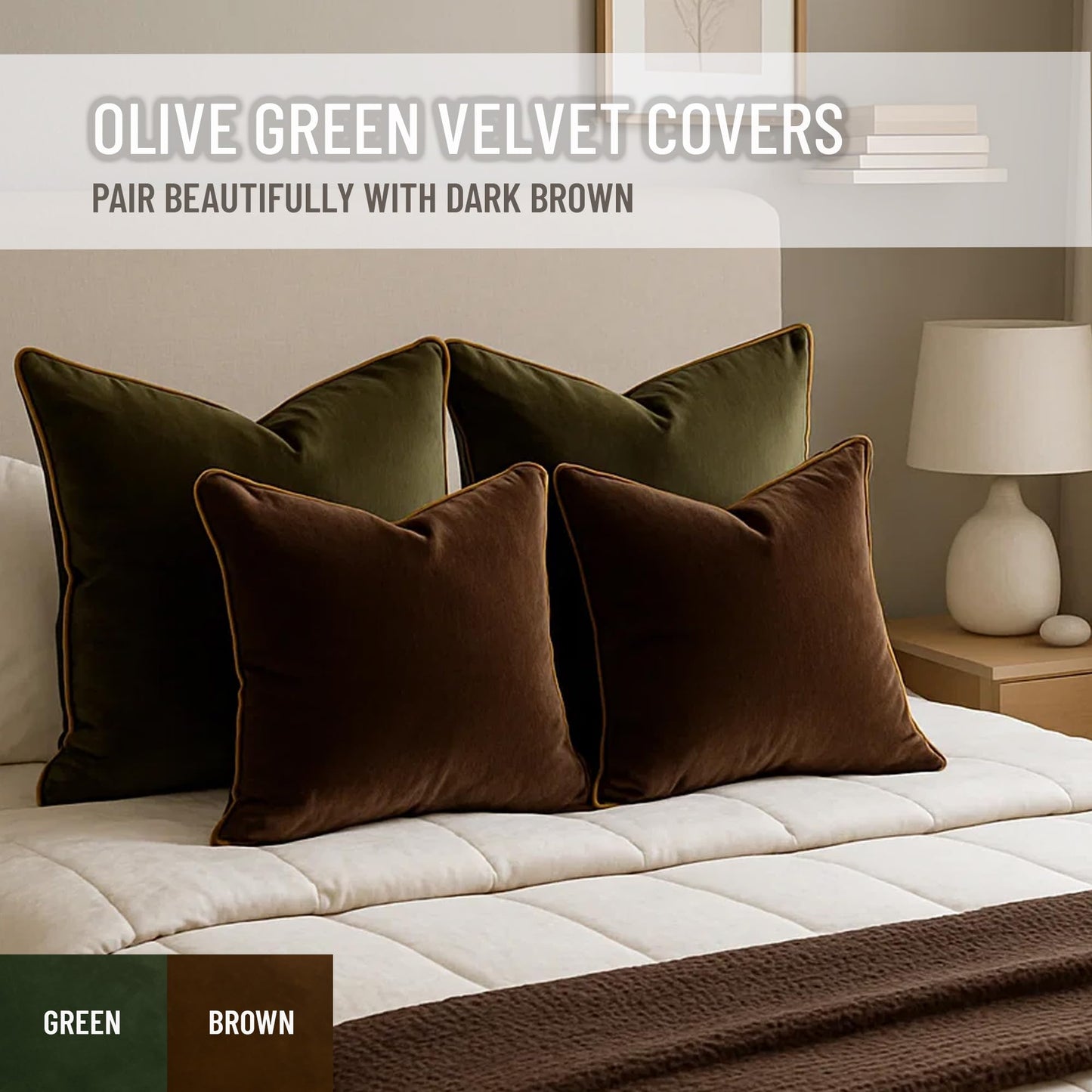 Blau Marité 2 Pack Velvet Decorative Throw Pillow Covers, 18"x18", Green and Camel, Solid, Modern, Contrast Piping, Indoor Use, Bedroom & Living Room