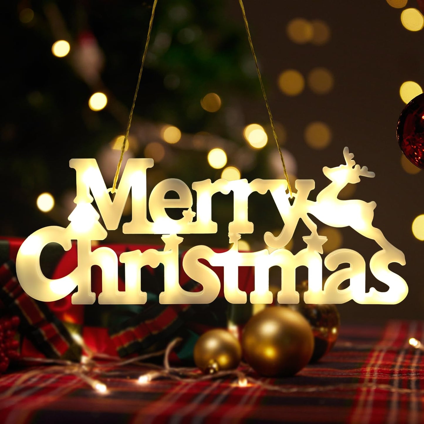 DERAYEE Merry Christmas Sign LED Hanging Ornament Light Christmas Glowing Letter Sign for Xmas Tree Wall Door Fireplace Indoor Outdoor