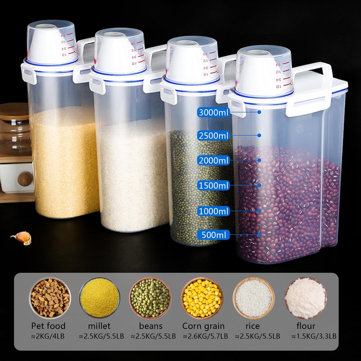 jioko 2 Pcs 5.5 LB Rice Storage Container, Airtight Cereal Flour Dispenser with Pouring Spout & Measuring Cup, Kitchen Plastic Clear Dry Food Storage Bin for Grain Oatmeal Snacks Pet Dog Food