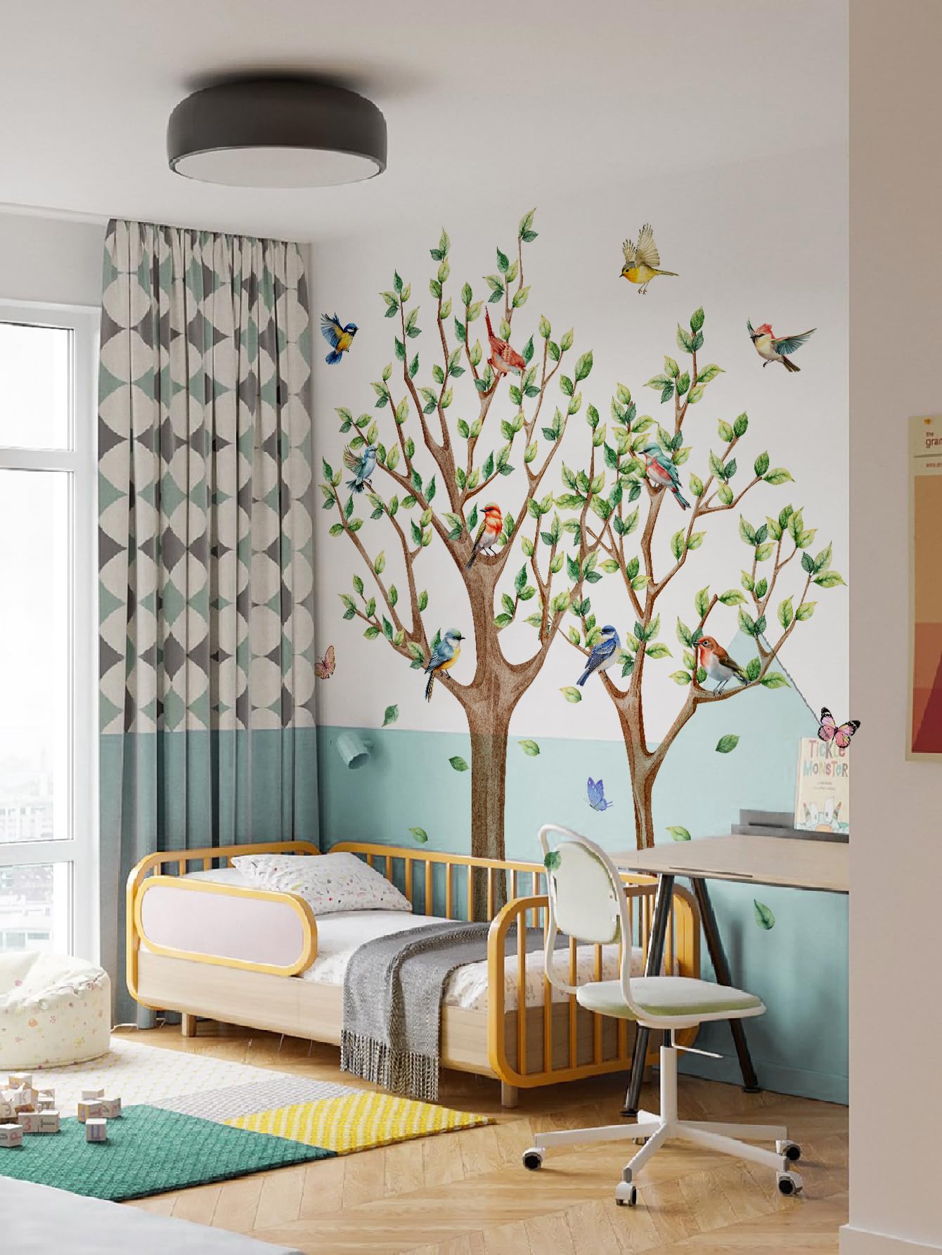 Tree Bird Wall Stickers - Green Flying Leaf Butterfly Vinyl Peel & Stick Removable Wall Art Decals Decorative for Living Room Kid Bedroom,83.54 cm x 78.79 cm