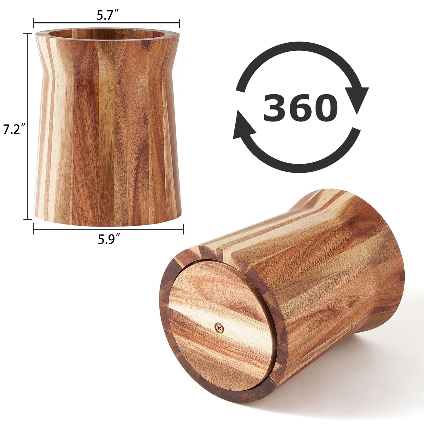 LOHONER Wooden Utensil Holder for Countertop, 360° Rotating Kitchen Utensil Holder, 7.2"x 6" Large Acacia Wood Crock, Farmhouse Kitchen Decor