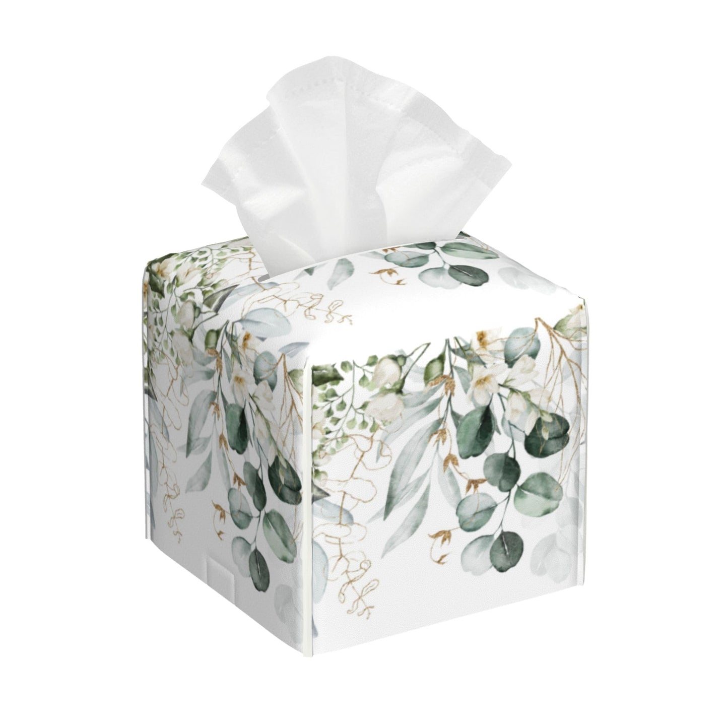 Eucalyptus Leaves and Flowers Tissue Box Cover Square,Watercolor Green Leaves Branches Tissue Box Holder Waterproof Leather Facial Paper Organizer Dispenser for Bathroom Home Car Nightstand Vanity
