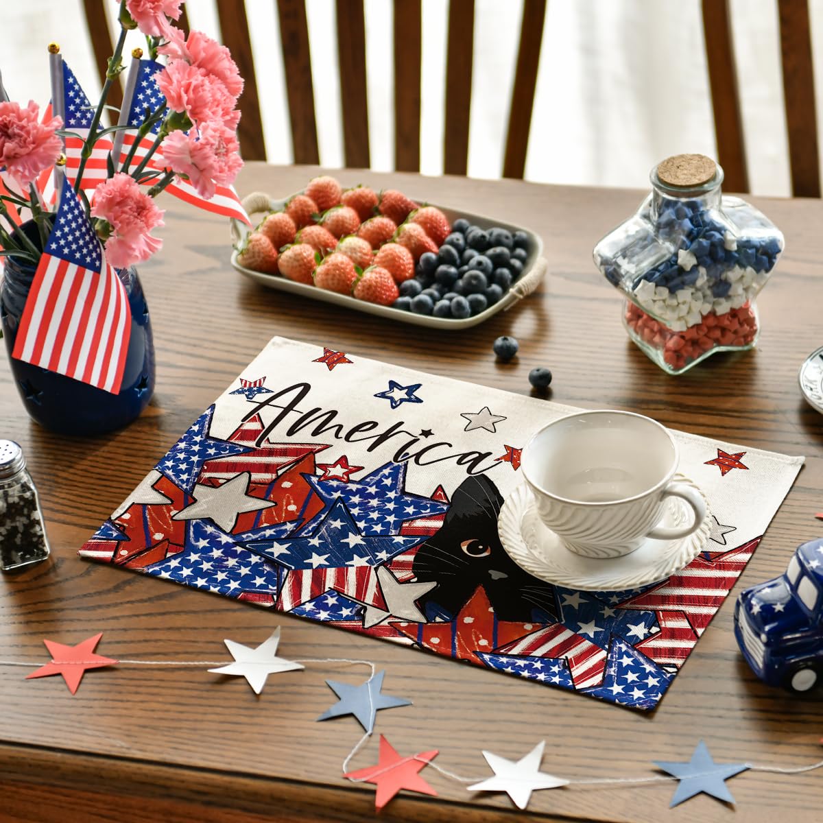 Artoid Mode Stars Black Cat Patriotic 4th of July Placemats Set of 4, 12x18 Inch Memorial Day Holiday Table Mats for Party Kitchen Dining Decoration
