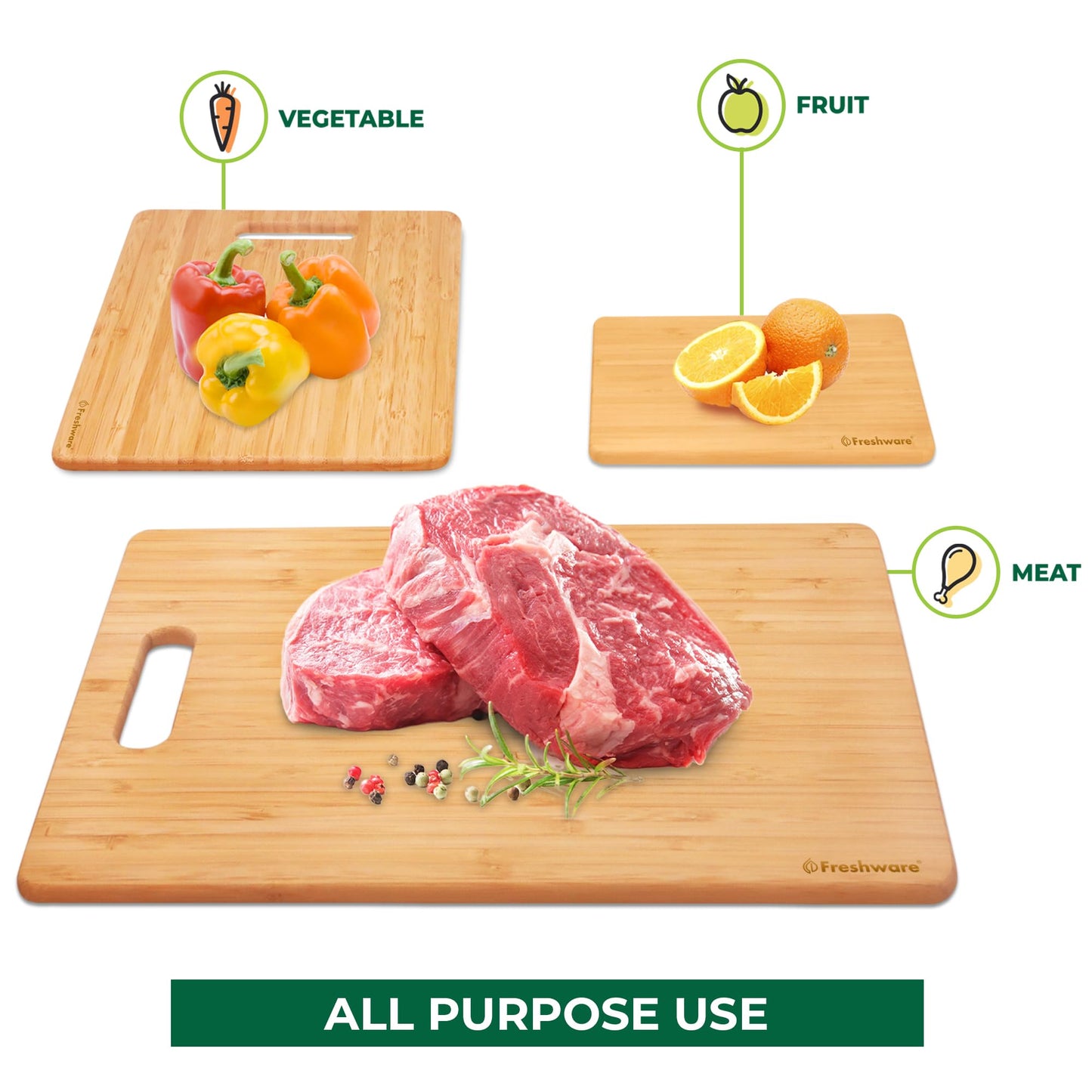 Freshware Bamboo Cutting Board Set of 3, Wooden Cutting Boards for Kitchen, Knife Friendly Food Grade Chopping Board, Lightweight with Hanging Hole for Easy Storage