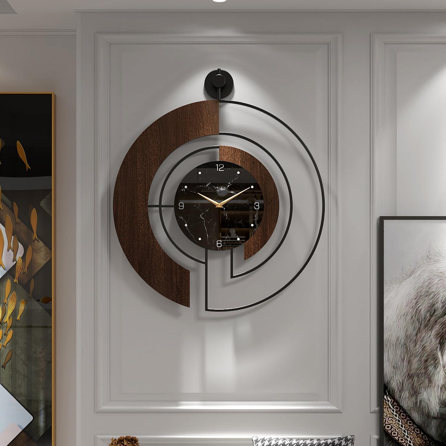 VIVIFLYSE Modern Walnut Marble Dial Wall Clock, Large Wood Metal Frame Silent Non Ticking Wall Clocks for Living Room, Bedroom Decoration, Contemporary Home Wall Decor Gift Idea, 22 in