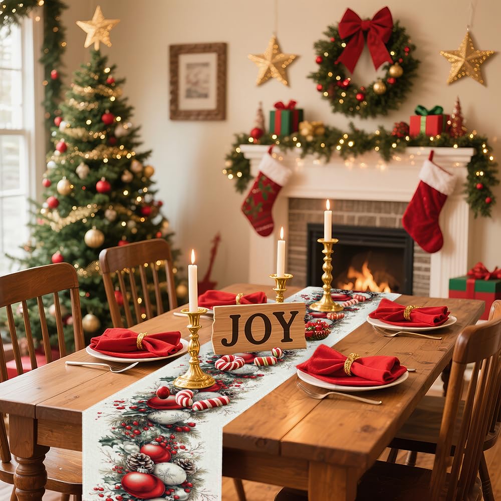 Christmas Table Runner, Seasonal Winter Kitchen Table Decoration, Suitable for Winter Christmas Family Gathering Indoor 13x72 inches (13x72 inches, Red and White Bell)
