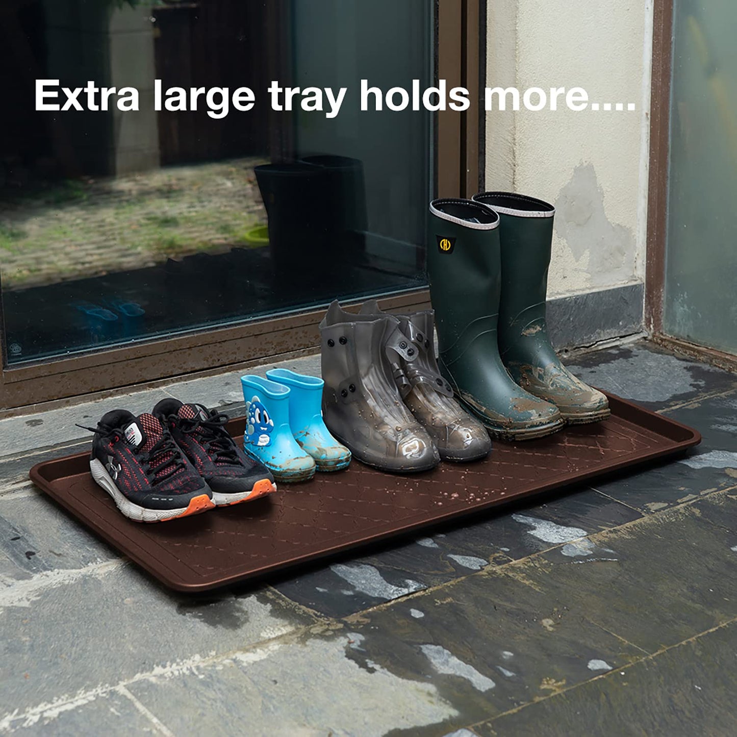 Trimate All Weather Boot Tray, Extra Large Size Water Resistant Plastic, Multi-Purpose for Shoes, Pet Feeding Trays, Mudroom Entryway, Garage, Indoor or Outdoor – Extra Large, 40”x20”(Brown)