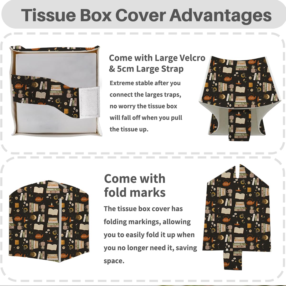 Tissue Box Cover, Tissue Box Holder, Square with Belt Bottom, PU Leather Decorative Organizer for Desk, Tabletop, Countertop Bathroom, Toilet Car, Office, Dresser Bedside, Aesthetic Books Flower Decor