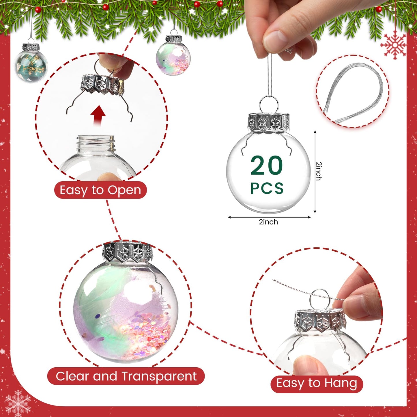 JOHOUSE 20PCS Clear Ornament Balls Fillable, 2 Inch Christmas Ornaments Balls Fillable Plastic Ball Ornament for DIY Crafts Xmas Tree Party Decor