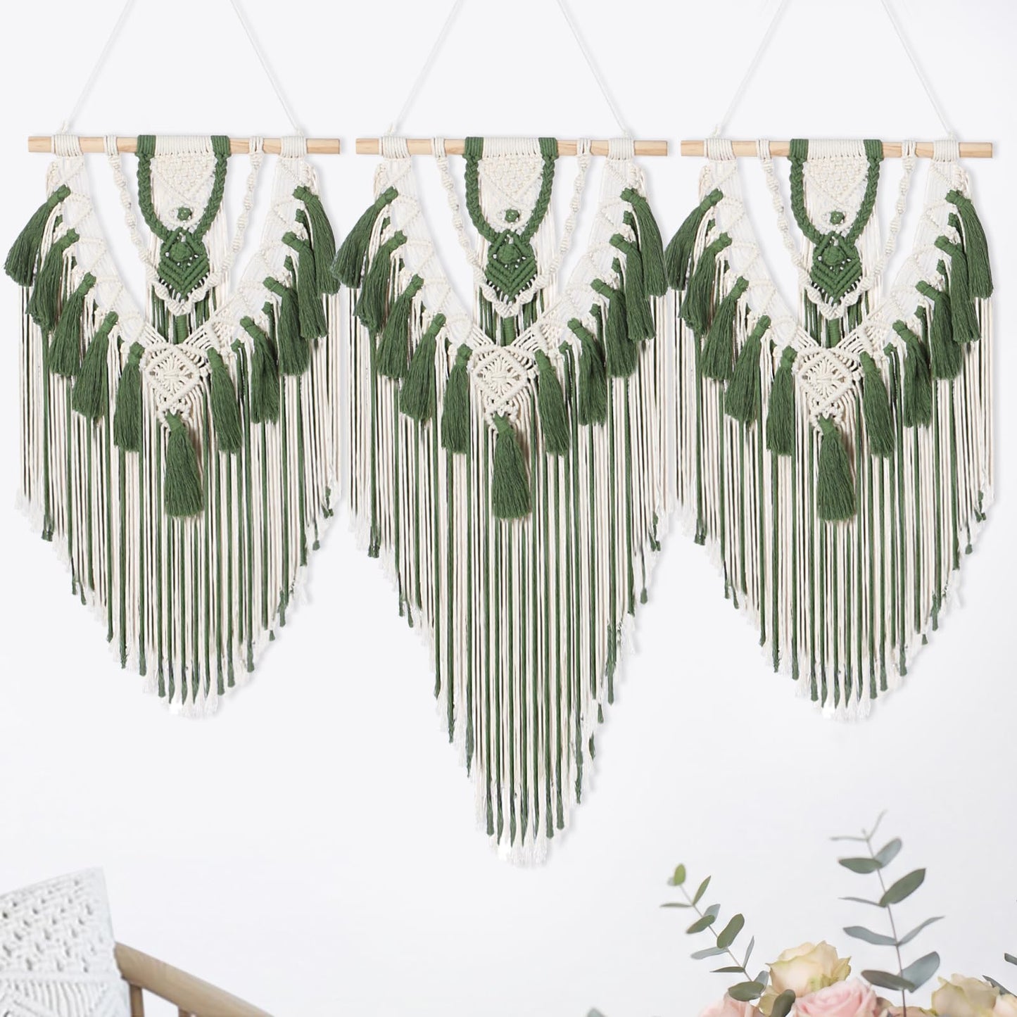 Fiwochic Large Boho Macrame Wall Hanging Wall Decor Bohemian Woven Handmade Tapestry with Tassel Artwork for Decorating Bedroom Living Room Apartment Nursery, 43 x 35 Inches(Green)