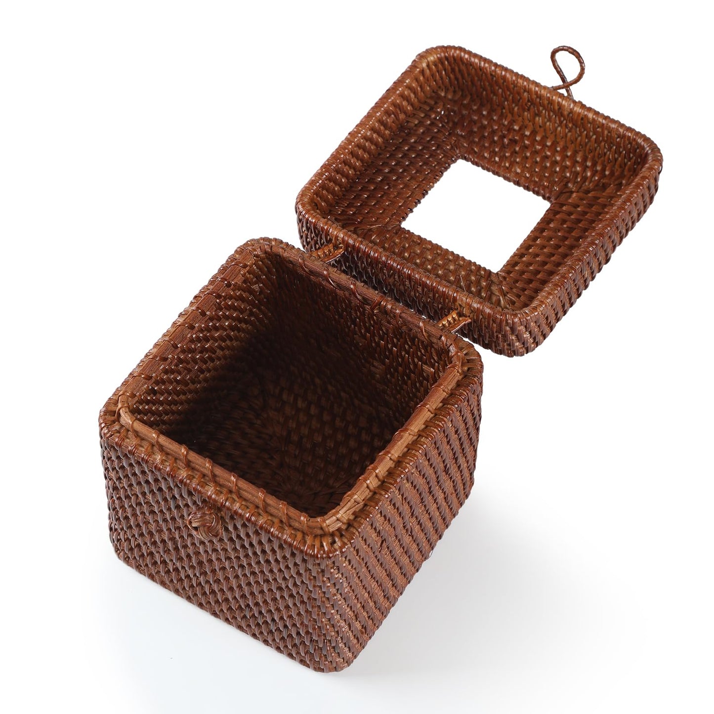 Rattan Square Tissue Box Cover, 5.7" x 5.7" x 5", Decorative Woven Facial Tissue Holder with Hinged Top Lid, Brown