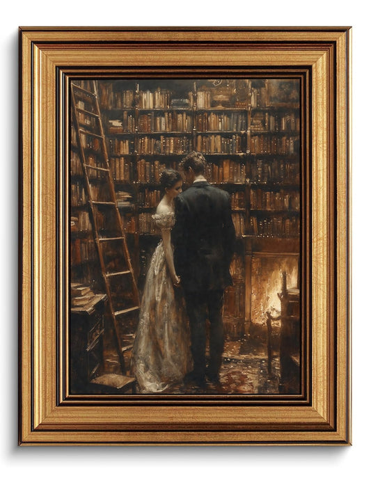 CHMMART Vintage Gold Framed Wall Art Dark Academia Couple Canvas Art Prints Victorian Cottagecore Pictures Wall Decor Moody Bookish Paintings Artwork for Living Room Bedroom 8x10in