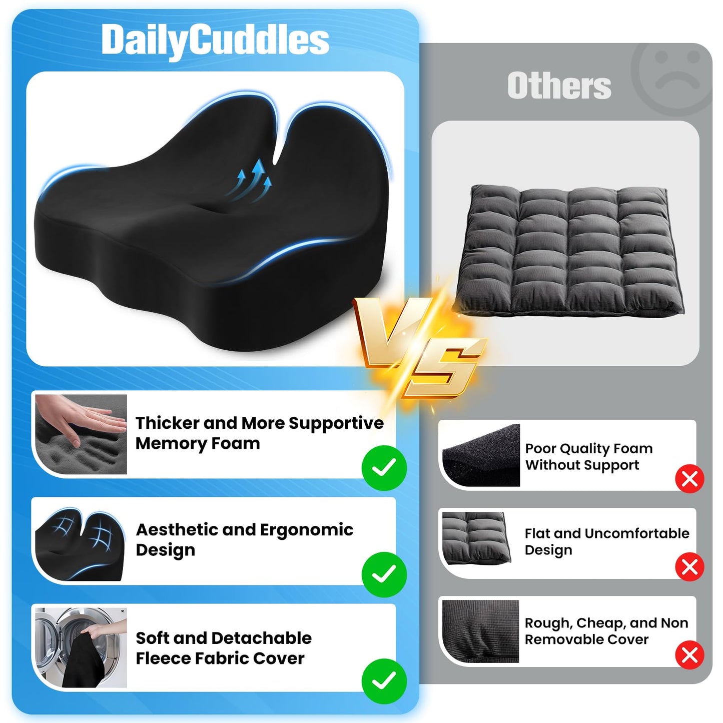 DailyCuddles Seat Cushion, Chair Cushions for Office Chairs/Desk Seats/Wheelchair - Hip&Sciatica&Tailbone Pain Relief Memory Foam Office Chair Cushion for Long Sitting Office Workers, Black