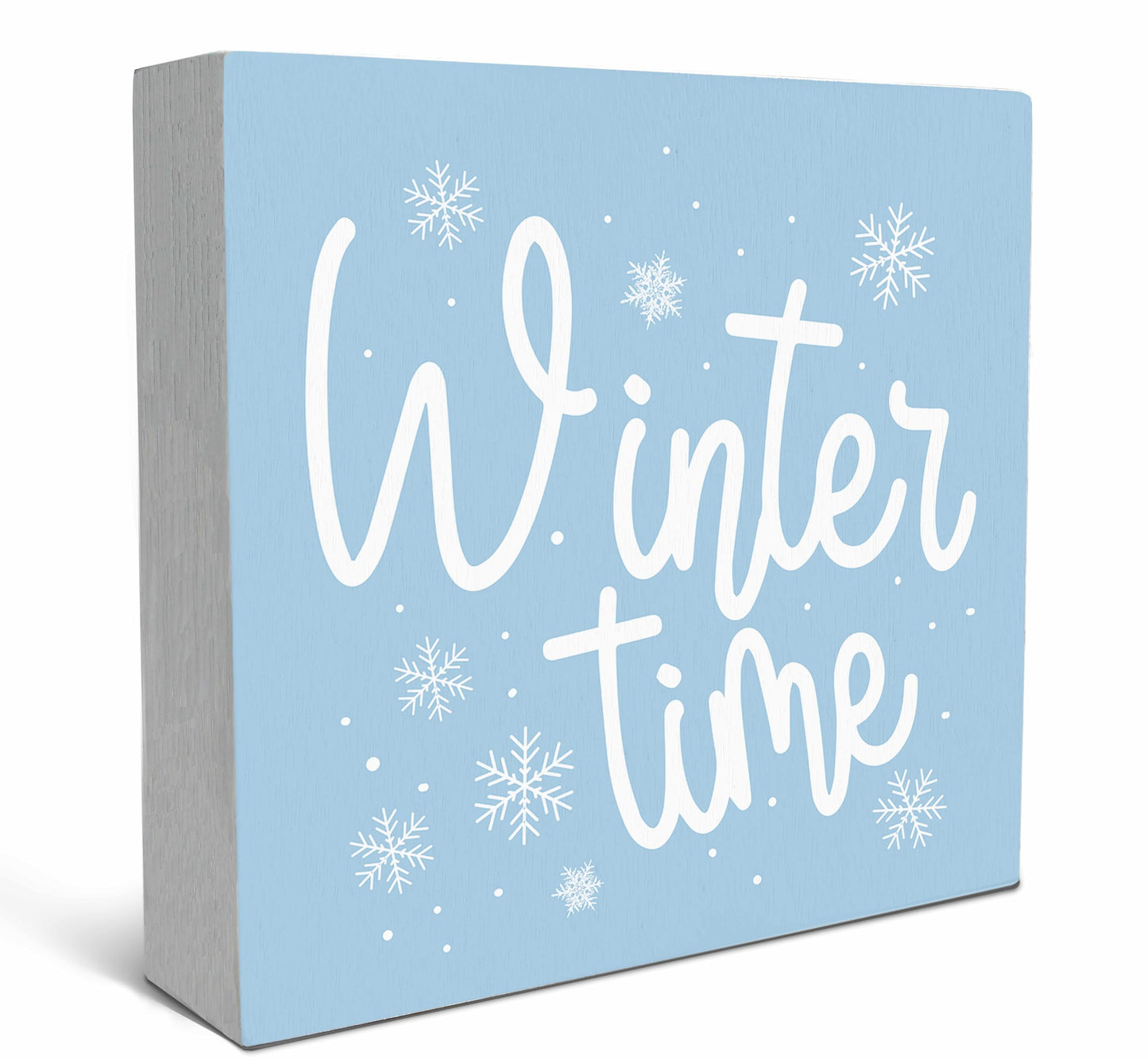 SRADMO Winter Time Christmas Blue Wooden Sign Desk Decor, Modern Farmhouse Pastel Blue Snowflake Christmas Wood Block Signs for Home Office Xmas Party Holiday Desk Table Shelf Decorations, 5x5 Inches