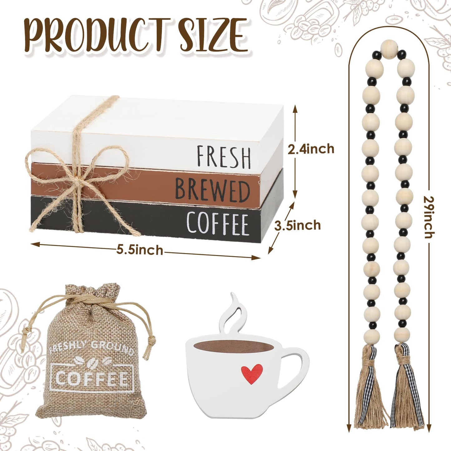 Coffee Bars Decor, 6 PCS Coffee Bar Decorations,Mini Wooden Book Stacks with Bead Garland, Coffees Bar Accessories for Tiered Tray,Table,Shelf,Rustic Farmhouse Home Decor