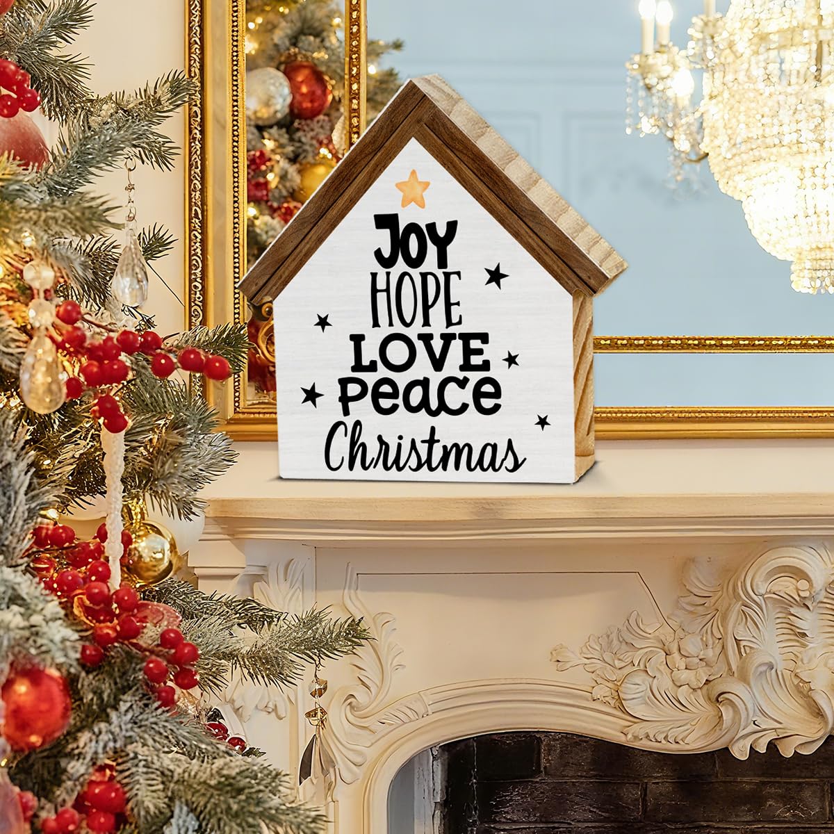Joy Christmas Sign Decor, Joy Hope Love Peace House Shaped Wooden Sign, Rustic Christmas Decorations for Desk Table Shelf