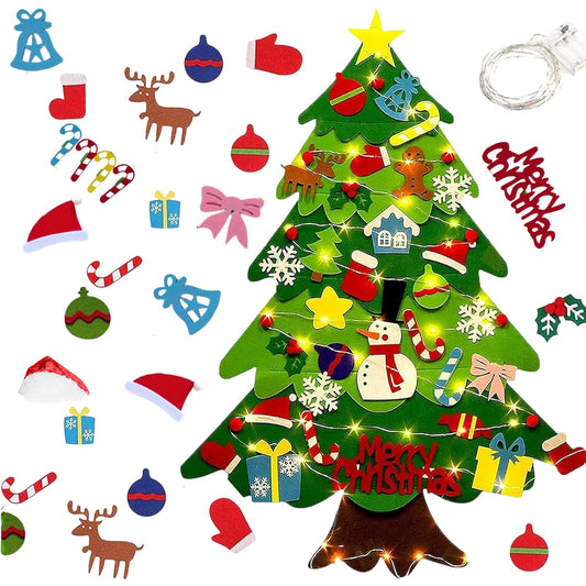 Felt Christmas Tree, 3ft DIY Felt Christmas Tree Set with 32 Ornaments & LED String Light, Decorations Christmas Wall Hanging, Felt Craft Kit, Gifts Party Supplies for 13 Years and Older