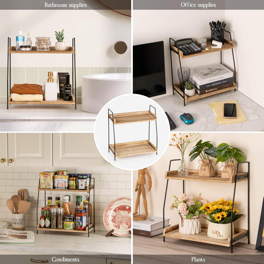 ANBOXIT Countertop Coffee Station Organizer, 2 Tier Wooden Shelf for Coffee Bar Accessories, Condiment Storage Caddy for Kitchen, Home, Office - Brown