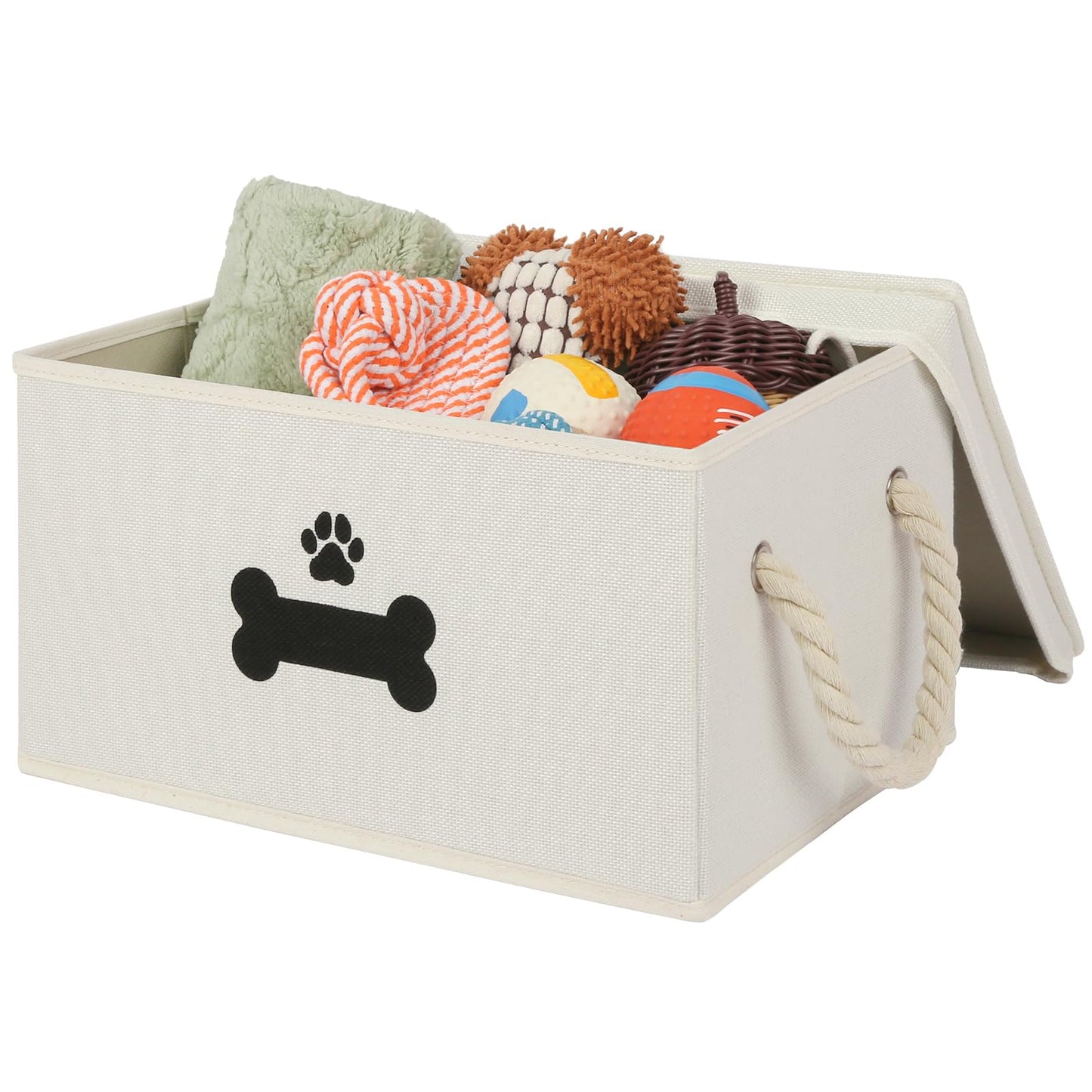 GreenPetopia Dog Toy Basket with Lid, Dog Basket for Toys, Dogs Toy Box with Cotton Rope Handles, Collapsible Storage Bins for Pet Toys, Dogs Storage Organizer, Beige