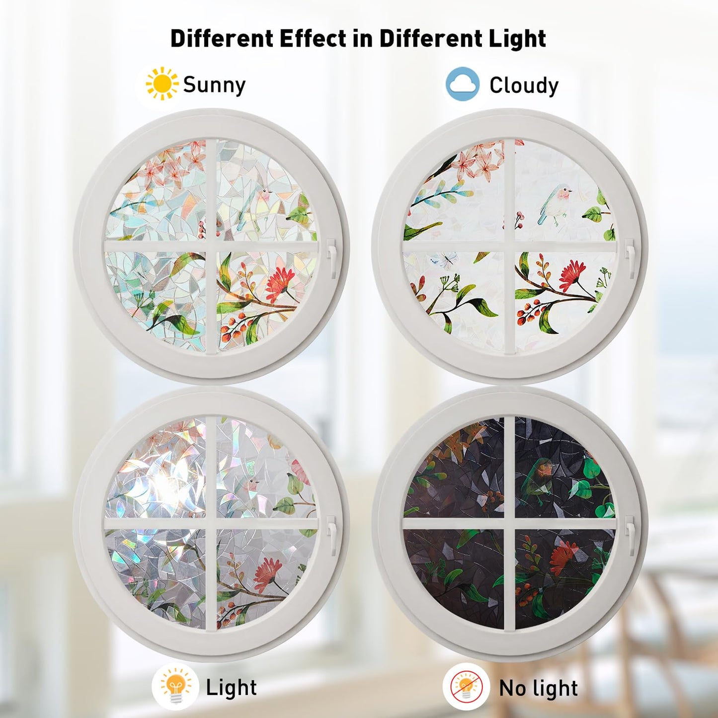 Kromapolis Window Privacy Film Floral Rainbow Decorative Stickers, 3D Static Stained Glass Cling, Removable Cover for Home Heat Control Anti-UV, Car Sunroof Vinyl Decals Non-Adhesive, 17.5'' x 78.7''