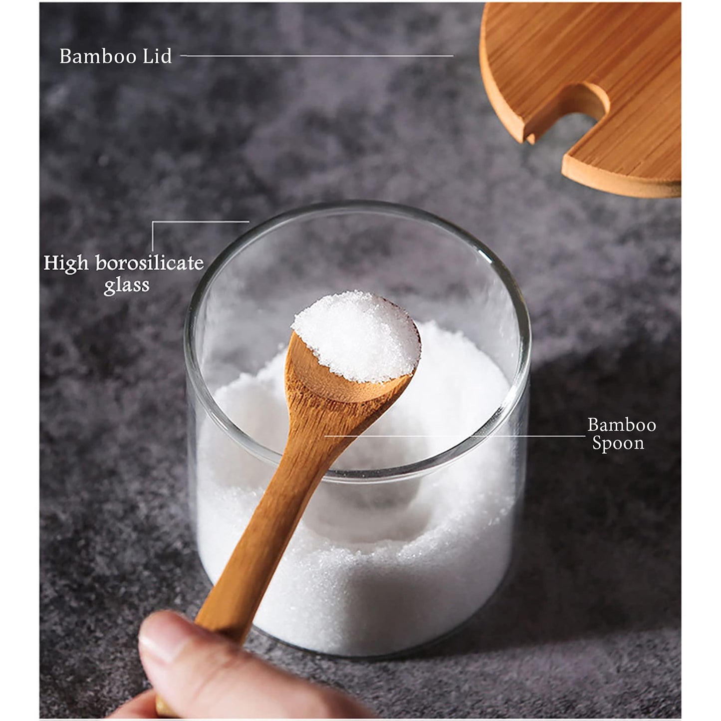 FANTESTICRYAN 3 PCS Stylish Simple Condiment Canisters Pots Set, Decorative Storage Seasoning Glass Container Box with Bamboo Spoon Lid and Base for Home Kitchen café Storing Salt Sugar Pepper Spice