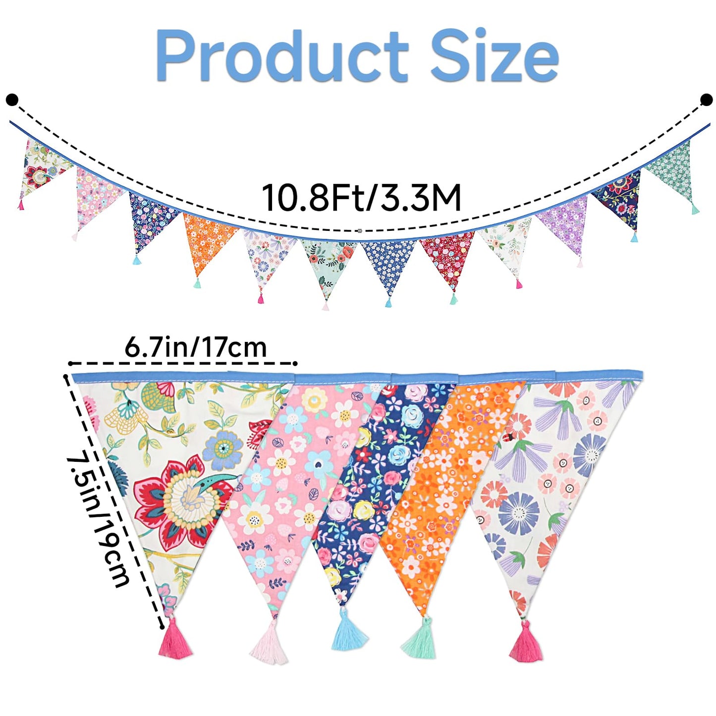 G2PLUS 10.8Ft Cotton Triangle Bunting Banner – 12pcs Multicolor Floral Fabric Pennant Flag with Tassels, Double Side Triangle Banner Garland for Weddings, Birthdays, Garden & Baby Showers