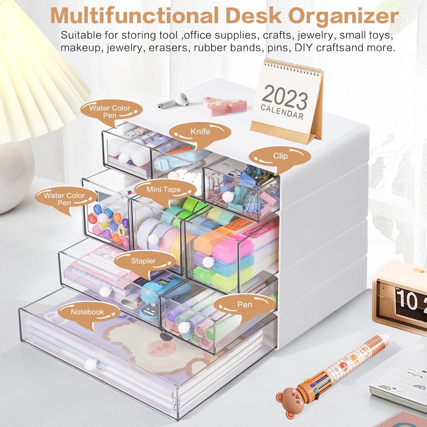 FODIENS Desk Storage Organizer with 9 Drawers, 4 Tiers Stackable Desktop Craft Storage Drawers, Clear Storage Box Caddy for Stationary Makeup Jewelry Office Craft Supplies (White)