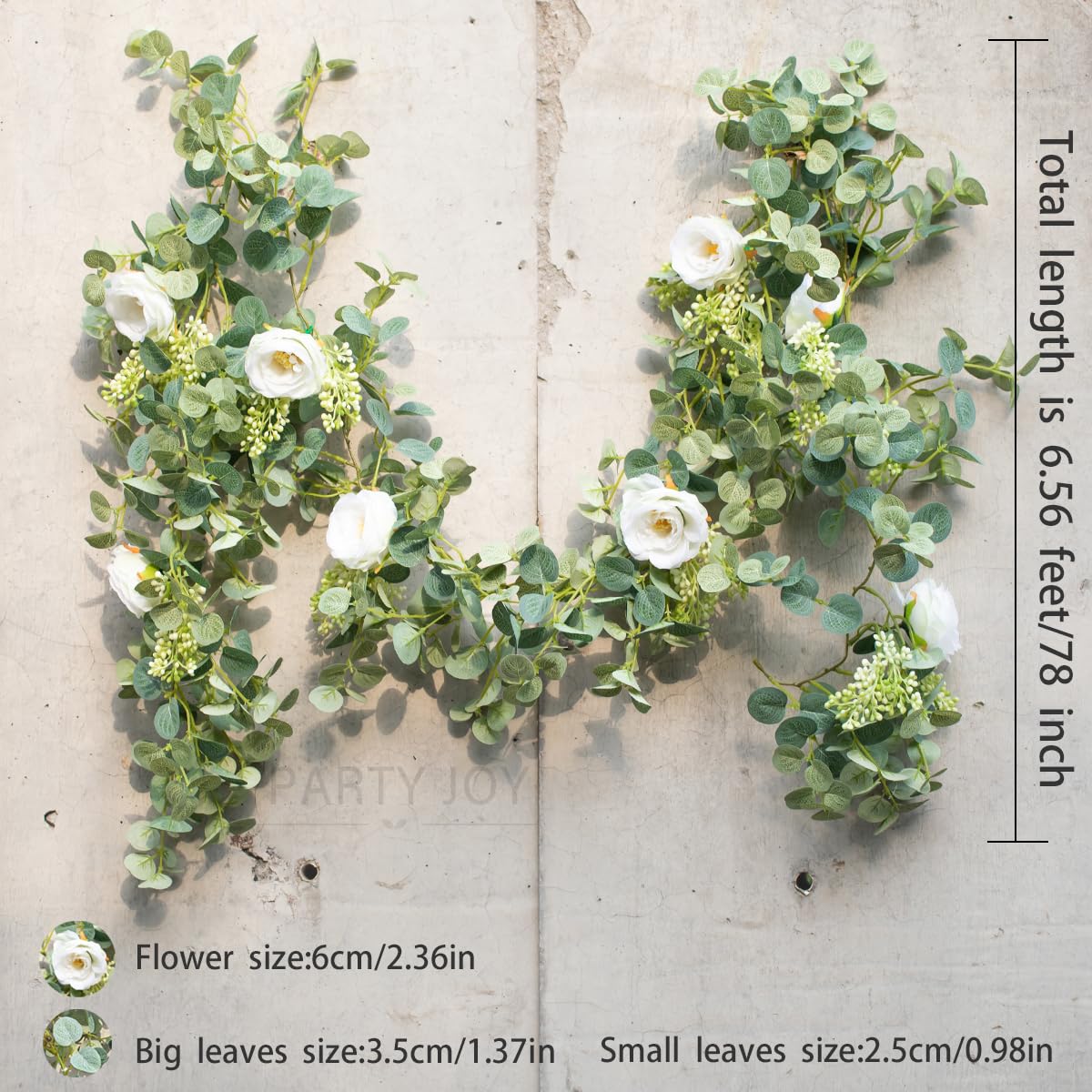 PARTY JOY 6.56ft Eucalyptus Garland with Flowers-8 White Roses, Artificial Fake Flowers Greenery Garland Floral Vines for Decoration Party Wedding Table Indoor Outdoor Backdrop Wall Decor(White)