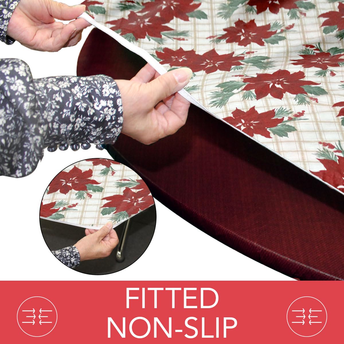 Covers For The Home Deluxe Elastic Edged Flannel Backed Vinyl Fitted Table Cover - Christmas Flower Pattern - Round Oblong Oval - Fits Tables up to 48" W x 68" L
