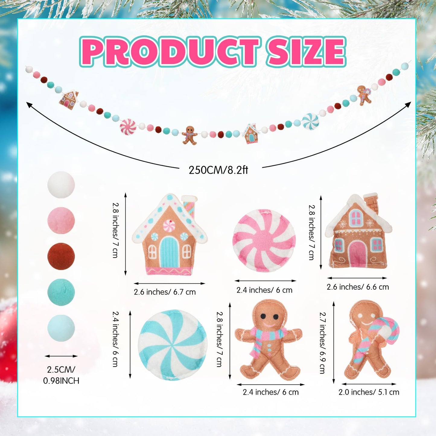 Newwiee Christmas Felt Garland 3D Felt Gingerbread Garland Hanging 8.2 ft Candy Pom Ball Banner for Christmas Holiday Playroom Mantel Wall Decoration