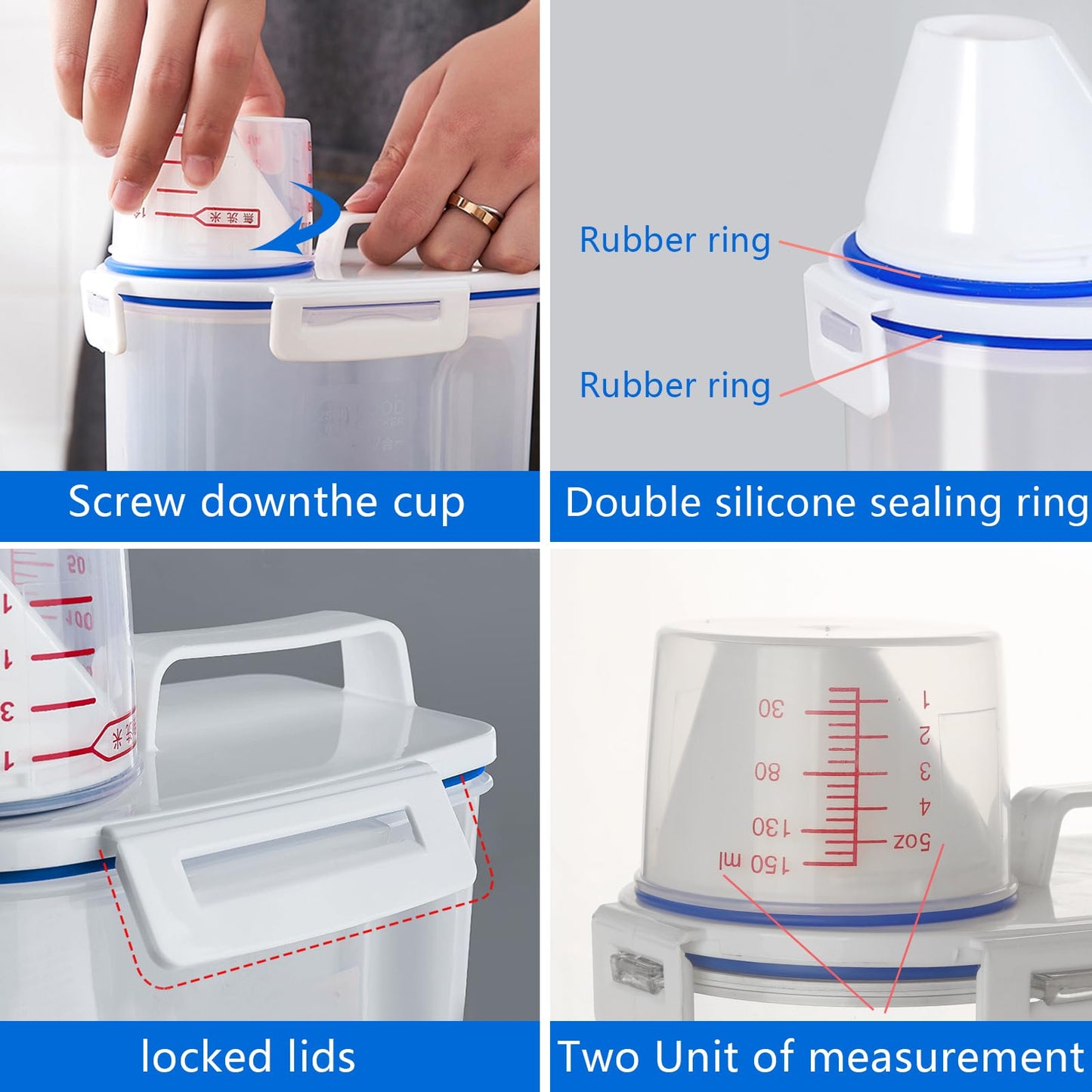 jioko 2 Pcs 5.5 LB Rice Storage Container, Airtight Cereal Flour Dispenser with Pouring Spout & Measuring Cup, Kitchen Plastic Clear Dry Food Storage Bin for Grain Oatmeal Snacks Pet Dog Food