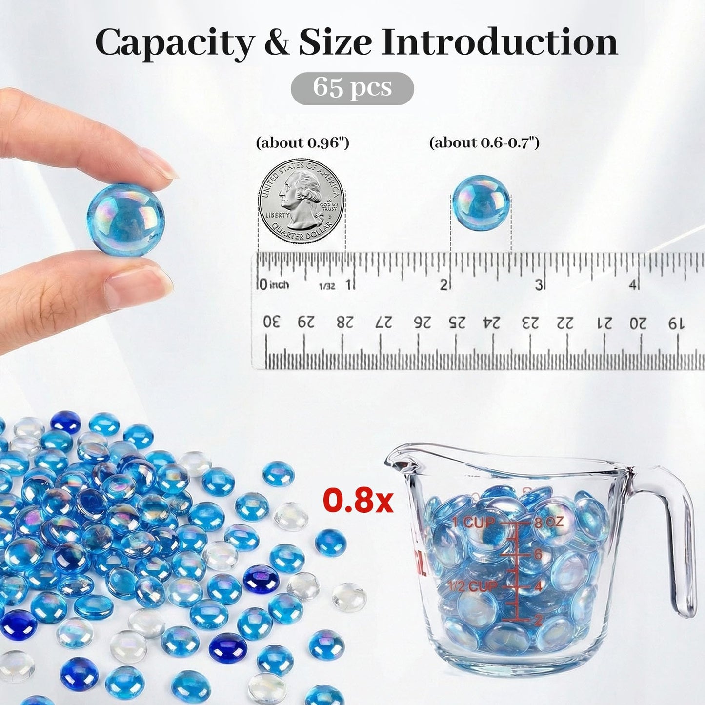 DomeStar 65PCS Iridescent Blue Flat Marbles, Decorative Glass Pebbles Beads Vase Fillers Decorative Fish Tank Aquarium Rocks for Centerpieces Table Decor